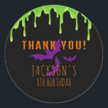 Spooky Halloween Kids Birthday Thank You Classic Round Sticker<br><div class="desc">Spooky Halloween birthday thank you sticker with green slime and purple bats on a black background. Use the design tools to personalize the text,  font and colours.</div>