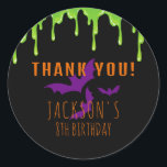 Spooky Halloween Kids Birthday Thank You Classic Round Sticker<br><div class="desc">Spooky Halloween birthday thank you sticker with green slime and purple bats on a black background. Use the design tools to personalize the text,  font and colours.</div>