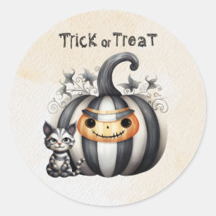 Spooky Halloween Kitten Black Striped Pumpkin Classic Round Sticker