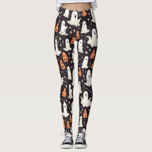 Spooky Halloween Little Ghosts Black Orange White Leggings