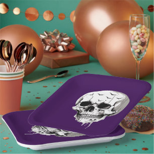 Spooky Halloween Melting Cranium With Bat Imagery Paper Plate