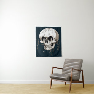 Spooky Halloween Melting Cranium With Bat Imagery Tapestry