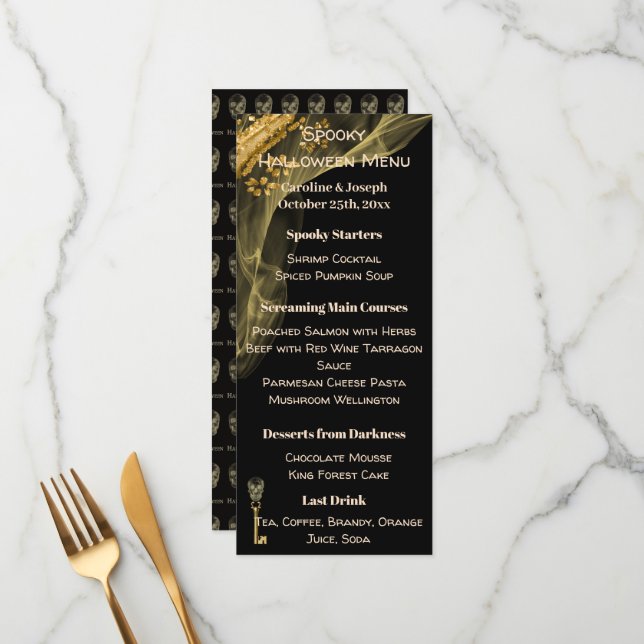 Spooky Halloween Menu with Black, Gold & Skulls (Front/Back In Situ)