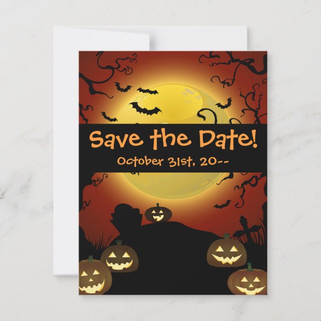 Spooky Halloween Moon, Pumpkins and Bats Invitatio Save The Date (Front)