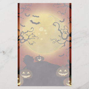 Spooky Halloween Moon, Pumpkins and Bats Stationer Stationery
