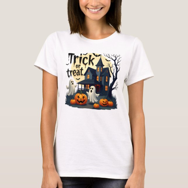 Spooky Halloween night at the haunted house scene T-Shirt (Front)