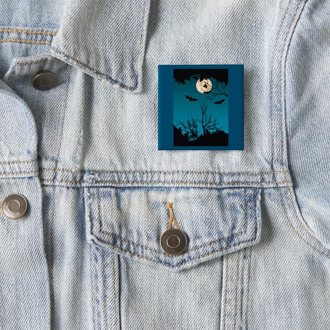 Spooky Halloween Night Full Moon and Flying Bats  2 Inch Square Button (Creator Uploaded)
