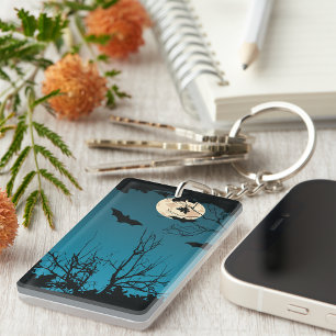 Spooky Halloween Night Full Moon and Flying Bats  Keychain