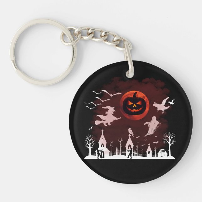 Spooky Halloween Night Full Moon Pumpkin Scene Keychain (Front)