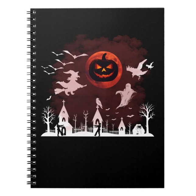 Spooky Halloween Night Full Moon Pumpkin Scene Notebook (Front)