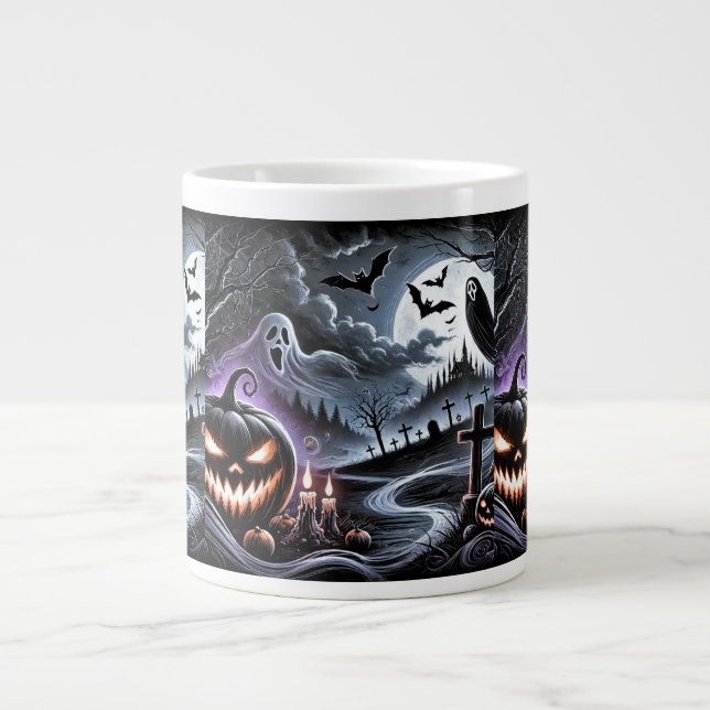 Spooky Halloween Night: Haunted Pumpkins and Ghost Large Coffee Mug (Front)