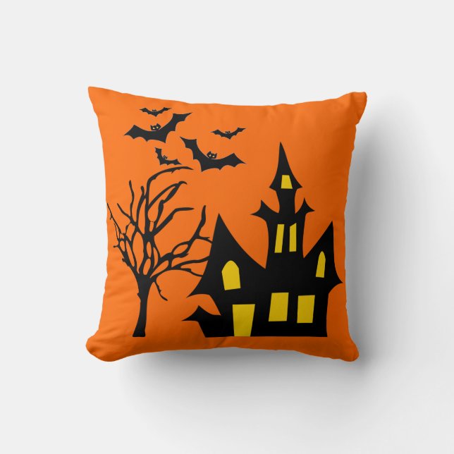 Spooky Halloween Night Lit Haunted House Tree Bats Throw Pillow (Front)