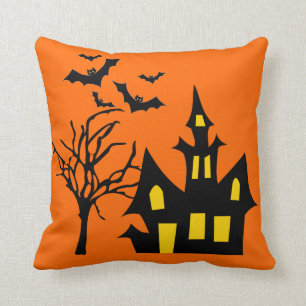 Spooky Halloween Night Lit Haunted House Tree Bats Throw Pillow