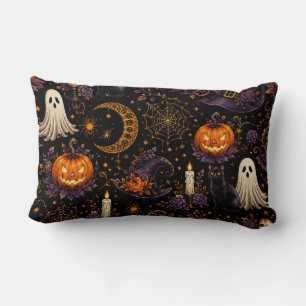 Spooky Halloween Night Pumpkin & Ghost Pattern Art Lumbar Pillow