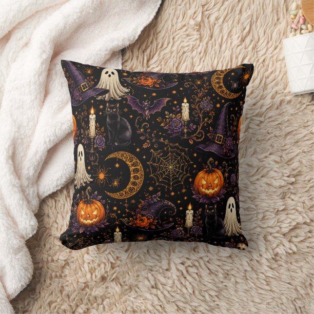 Spooky Halloween Night Pumpkin & Ghost Pattern Art Throw Pillow (Blanket)