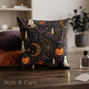 Spooky Halloween Night Pumpkin & Ghost Pattern Art Throw Pillow