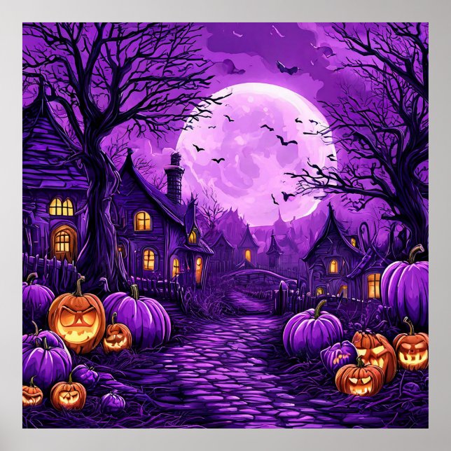 Spooky Halloween Night With Glowing Pumpkins Poster (Front)