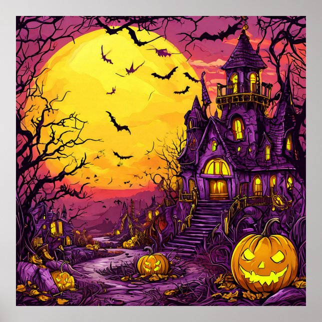 Spooky Halloween Night With Glowing Pumpkins Poster (Front)