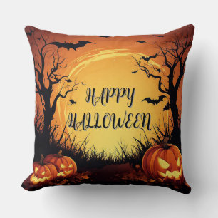 Spooky Halloween Night with Glowing Pumpkins Throw Pillow