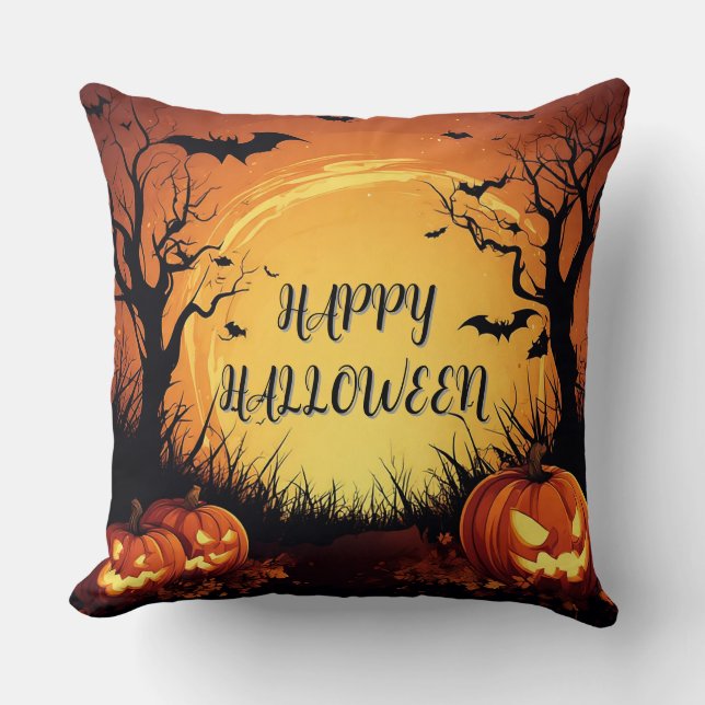 Spooky Halloween Night with Glowing Pumpkins Throw Pillow (Front)