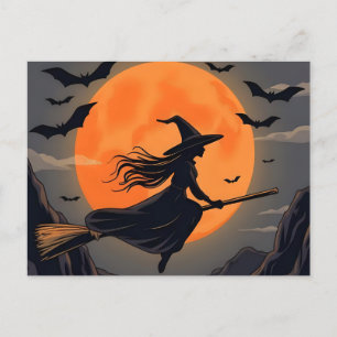 Spooky Halloween Orange Moon Witch Flying Holiday Postcard