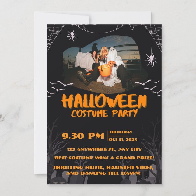 Spooky Halloween Party Invitation – Ghosts & Bats (Front)