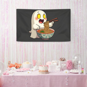 Spooky Halloween Pastel Kawaii Ghost Eating Ramen Banner