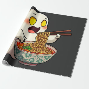 Spooky Halloween Pastel Kawaii Ghost Eating Ramen Wrapping Paper