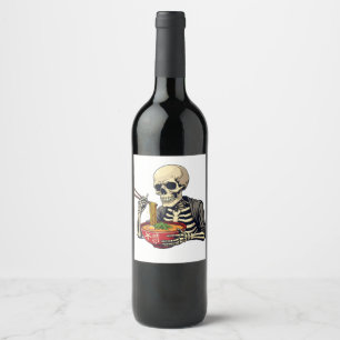 Spooky Halloween Pastel Skeleton Eating Ramen Wine Label
