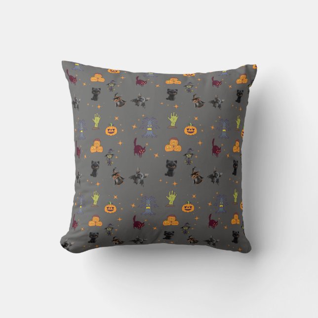 Spooky Halloween Pattern with Black Cats, Pumpkins Throw Pillow (Front)