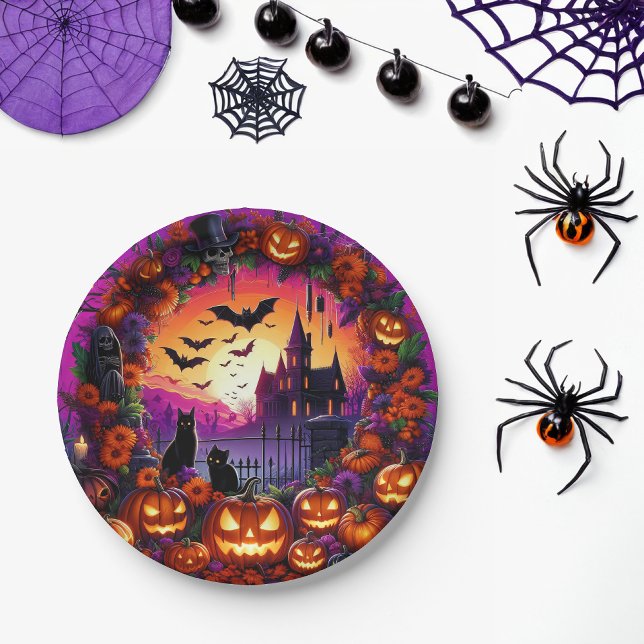 Spooky Halloween Plates Pumpkins and Haunted House (Creator Uploaded)