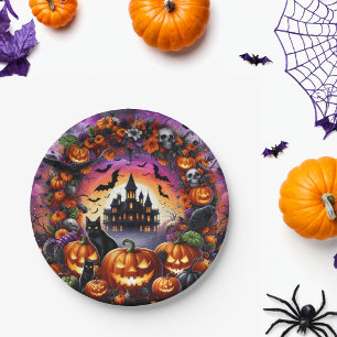 Spooky Halloween Plates Pumpkins and Haunted House