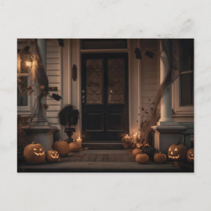 Spooky Halloween Porch Decor with Jack-o'-Lanterns Holiday Postcard