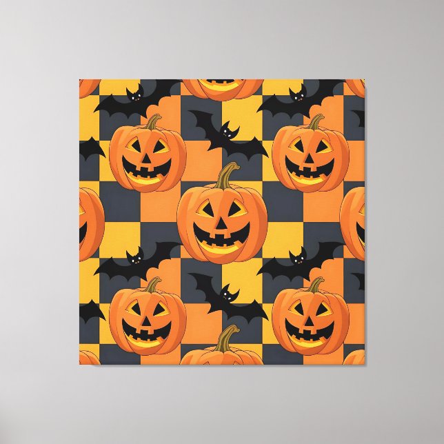 Spooky Halloween Pumpkin and Bat Pattern Canvas Print (Front)