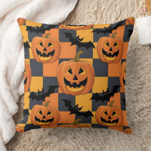 Spooky Halloween Pumpkin and Bat Pattern Throw Pillow