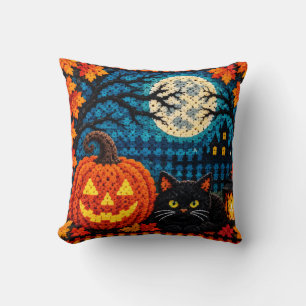 Spooky Halloween Pumpkin & Black Cat Throw Pillow