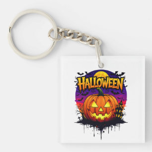 Spooky Halloween Pumpkin Design with Moonlit Sky a Keychain