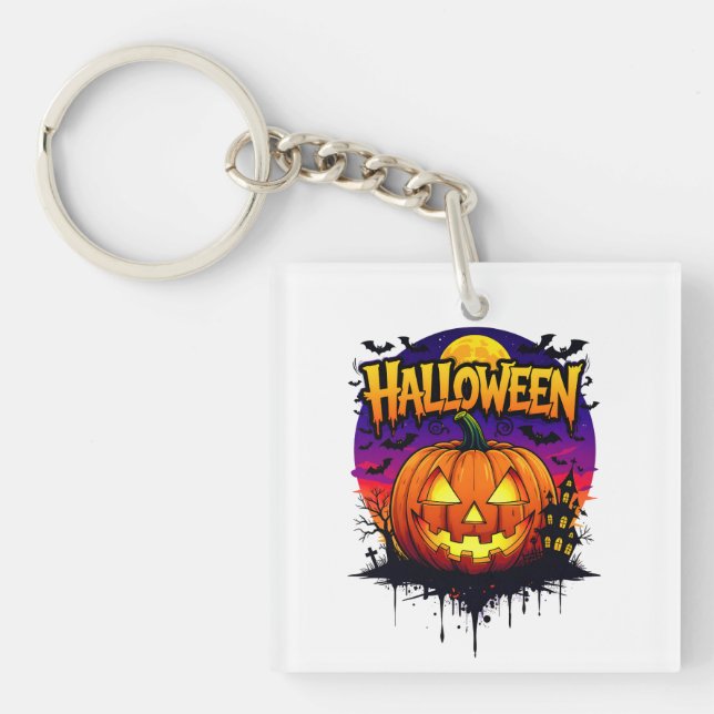 Spooky Halloween Pumpkin Design with Moonlit Sky a Keychain (Front)