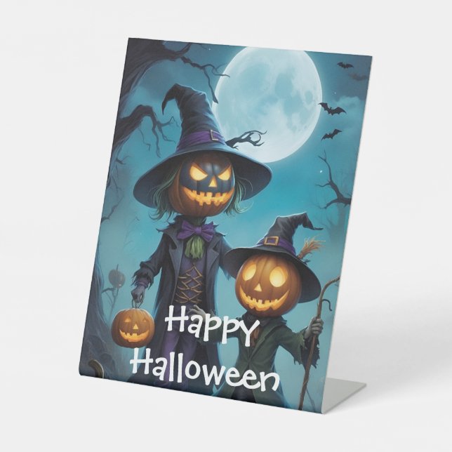Spooky Halloween Pumpkin Duo Pedestal Sign (Front)