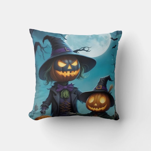 Spooky Halloween Pumpkin Duo Throw Pillow (Front)