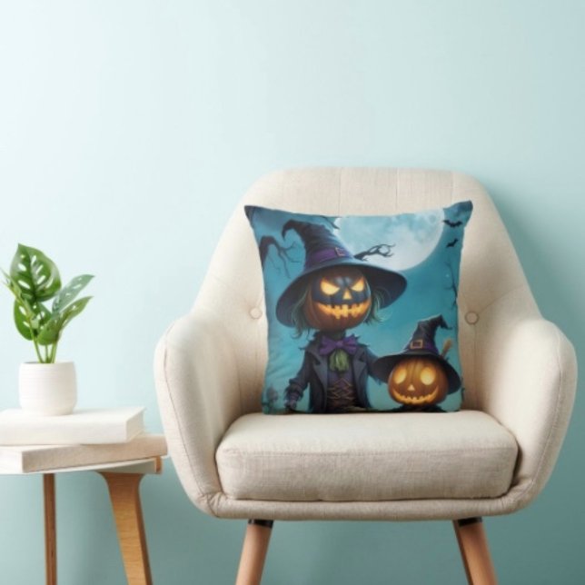 Spooky Halloween Pumpkin Duo Throw Pillow (Throw Pillow 100% polyester heavyweight stretch material. Hidden zipper Made in the USA.
)