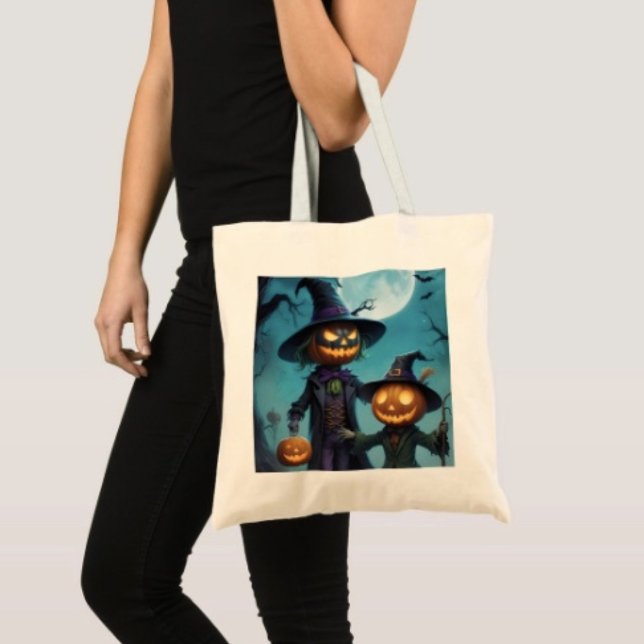 Spooky Halloween Pumpkin Duo Tote Bag (100% natural material 100% cotton D: 15.75"l x 15.25"w 5 handle colors
)