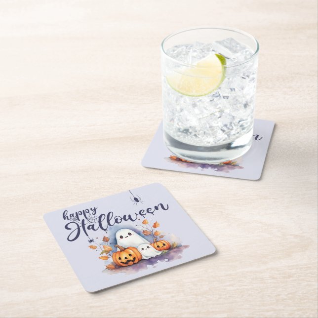 Spooky Halloween Pumpkin Ghost Paper Coaster (Insitu)