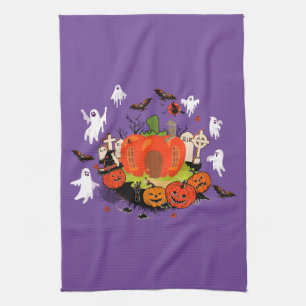 Spooky Halloween Pumpkin Graveyard Scene Kitchen Towel