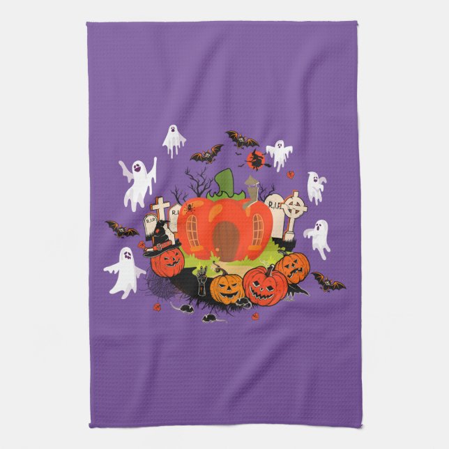 Spooky Halloween Pumpkin Graveyard Scene Kitchen Towel (Vertical)
