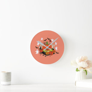 Spooky Halloween Pumpkin Graveyard Scene Round Clock