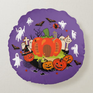 Spooky Halloween Pumpkin Graveyard Scene Round Pillow