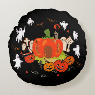 Spooky Halloween Pumpkin Graveyard Scene Round Pillow