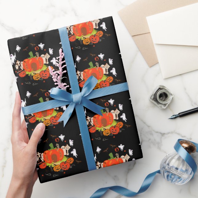 Spooky Halloween Pumpkin Graveyard Scene Wrapping Paper (Gifting)