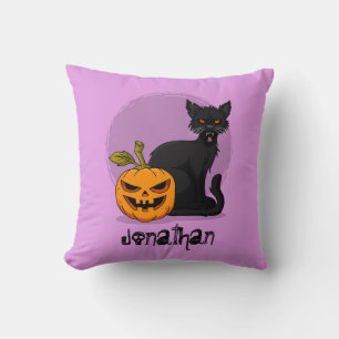 Spooky Halloween Pumpkin Scary Cat Purple Moon Throw Pillow